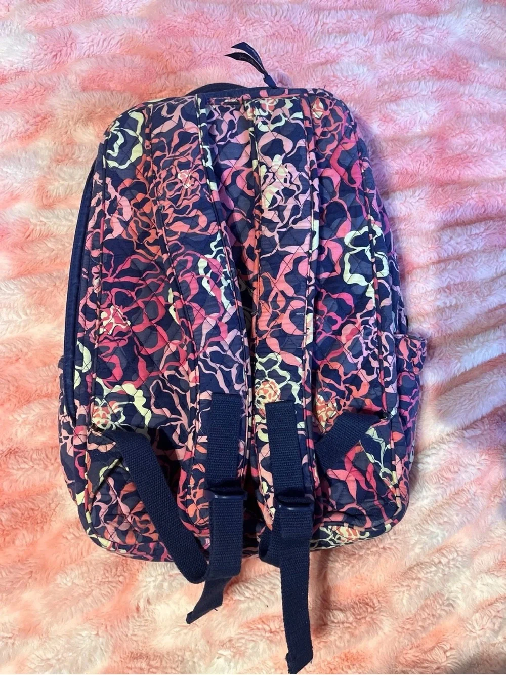 Vera Bradley Navy Floral Quilted Backpack with Pink Accents